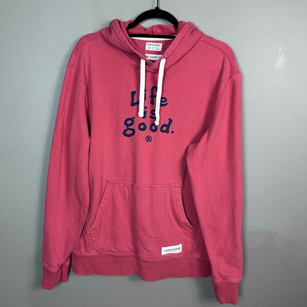 Life Is Good Hoodie sweatshirt Men's Medium VTG Red Logo Spell Out VTG Fleece